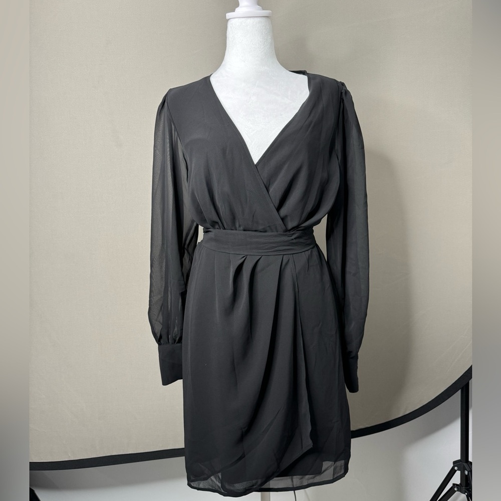 Express Womens Mini Black Cocktail Dress Wrap Dress Long Sheer Sleeve Stretch M